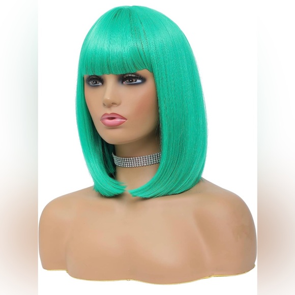 14” Green Straight Bob with Bangs Heat Resistant Synthetic Wig Cosplay Anime NEW - Picture 2 of 9
